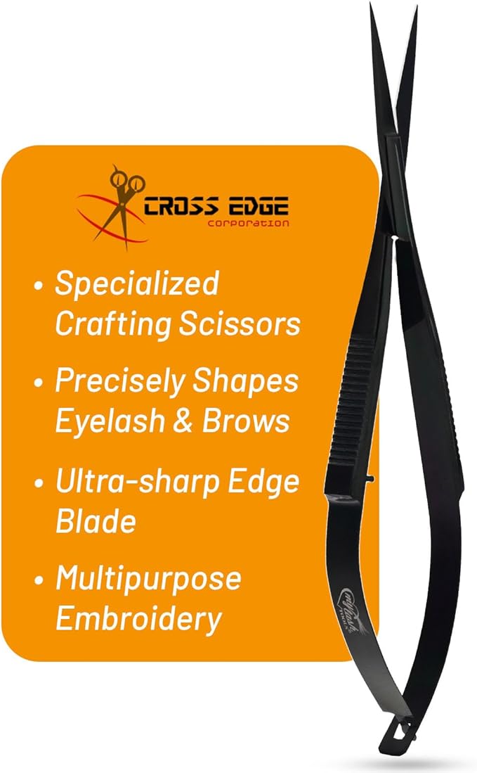 Cross Edge Spring Scissors 5 Inch straight Stainless Steel Precision Eyebrow & Eyelash Shaping & Trimming Scissor, Snips Squeeze, Embroidery, Knitting Micro Tip Craft Scissors (Black)