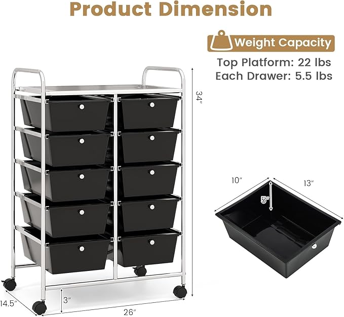 LDAILY 10 Drawer Rolling Cart, Storage Cart Organizer on Wheels, Drawer Cart with Metal Frame & Large Storage Capacity, Rolling Cart with Drawers for Living Room Classroom, Office