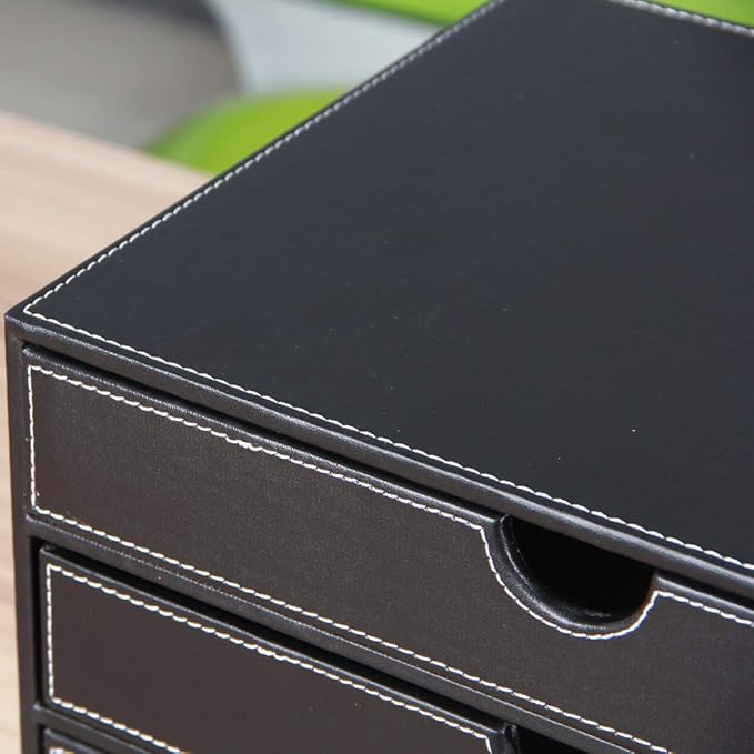 RHCSZ High-end PU Leather Desk Organizer File Cabinet Executive Office Supplies Desktop Filing A4 File Cabinet Stackable Storage Organizer Box with 3 Drawers (Black)…