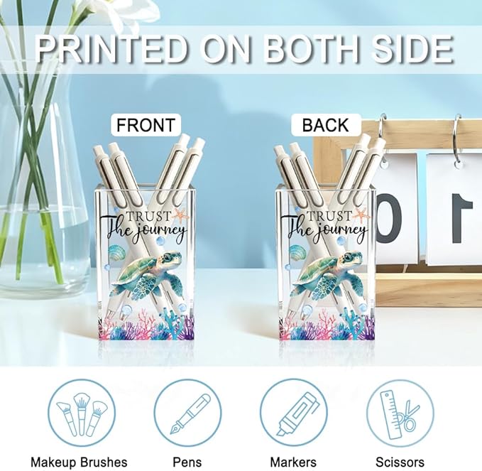 QYUVK Trust The Journey Acrylic Pencil Holder Cup, Inspirational Gifts for Friends Coworker, Funny Sea Turtle Pen Holder for Women Girls Turtle Lover, Pencil Cup for Desk, Marker Makeup Organizer