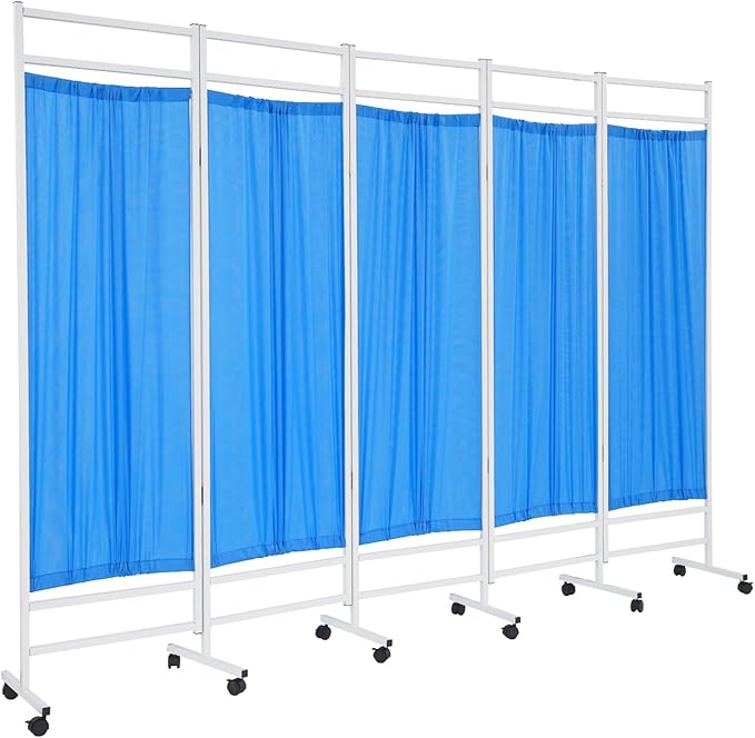 Medical Privacy Screens, Waterproof Nylon Fabric, 98.4 * 70.9 in Foldable Rolling Medical Privacy Screen with Silent Wheels, Suit for Hospitals, Clinics, and Nursing Homes (Blue, 5 Panels)