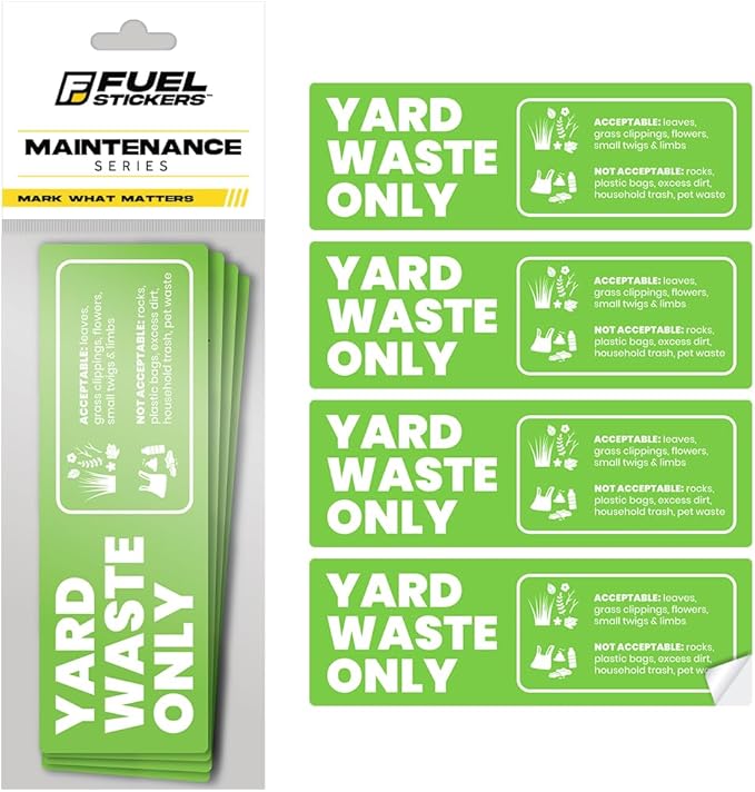 Yard Waste Sticker - Yard Waste Bin Sign - with Helpful Tips and Do & Don't Reminder - 3-5 Year Indoor/Outdoor Rated - Heavy Duty, Weather Proof, Ultra Durable - USA Made (6x2 inch), 20 Labels