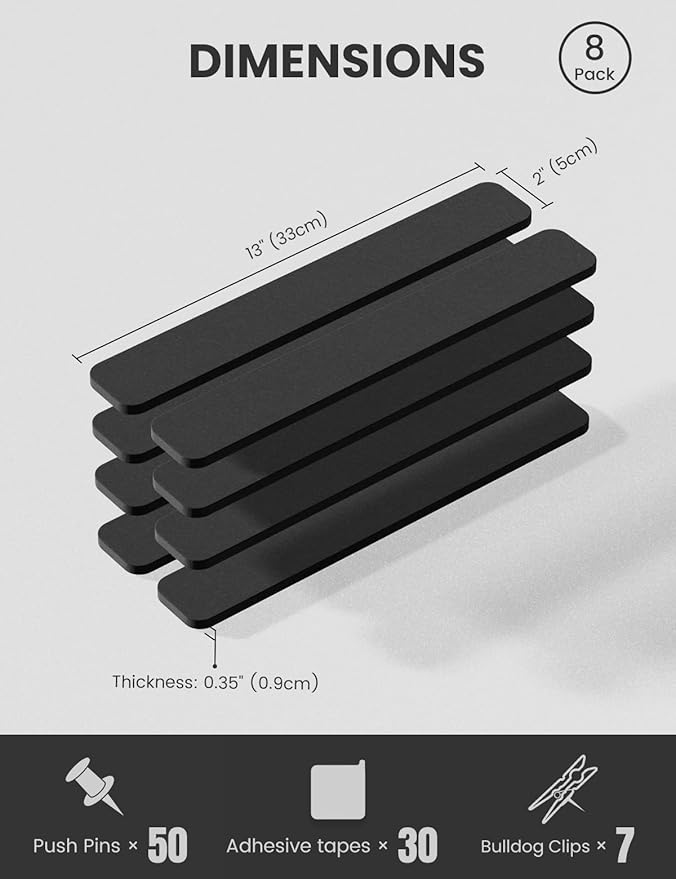 Fluxynara Cork Board Alternative Felt Strip Board 8-Pack 13"x2", Office Pin Board with 50 Push Pins, Adhesive Install for Bedroom Door & Home Office(Black)