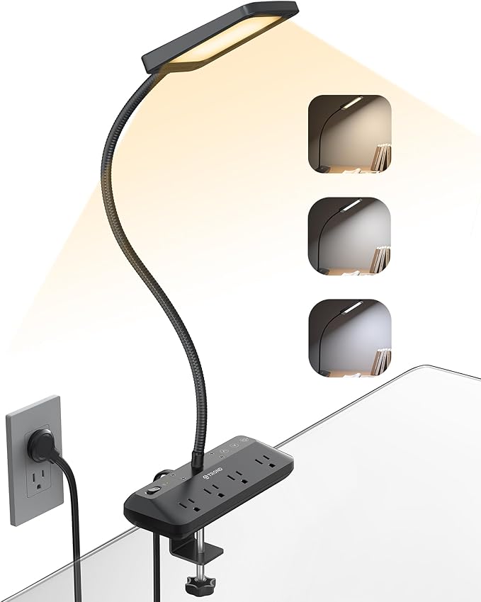 TROND LED Desk Lamp with Clamp Power Strip - Eye Caring Desk Light with 4 Surge Protector Outlet, 15 Lighting Mode, 6ft Flat Plug Extension Cord, Gooseneck for Home Office College Dorm Room Essentials