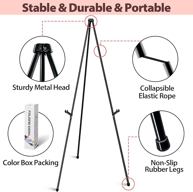VAIIGO Black Easel Stand for Wedding Signs, Posters & Paintings - 63" Adjustable Portable Display Easel for Welcome Signs, Art Canvas, Pictures - Folding Tripod Stand with Carry Bag (1 Pack)
