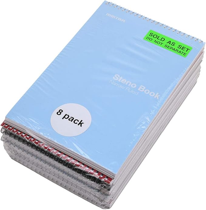 Mintra Office Steno Books (Poly Steno 8pk (Arctic Ice, Green Olive, Charcoal), Narrow Ruled) - Poly Cover, 6" x 9", 100 sheets for Writing Notes for school, office, work, 6x9 steno notepad, top bound spiral (8 PACK)