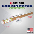 Paclord 3" x 72" Reinforced Kraft Paper Mailing Tube, Pack of 6 Tubes with 12 Caps – Secure USPS Approved Poster Tube – Cardboard Tube for Shipping and Storing Posters, Prints, Artwork, or Documents