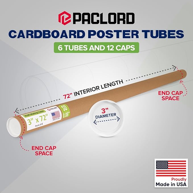 Paclord 3" x 72" Reinforced Kraft Paper Mailing Tube, Pack of 6 Tubes with 12 Caps – Secure USPS Approved Poster Tube – Cardboard Tube for Shipping and Storing Posters, Prints, Artwork, or Documents