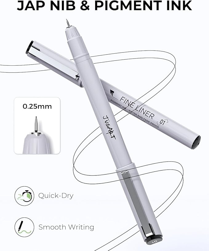 JusArt Fineliner Pens, 6 Pcs, 0.25mm Ultra Fine Point Pens 01, No Bleed, Waterproof Black Pigment Ink Pens for Artists Beginners, Illustration, Writing, Journaling, Crafters, Technical Drawing pens