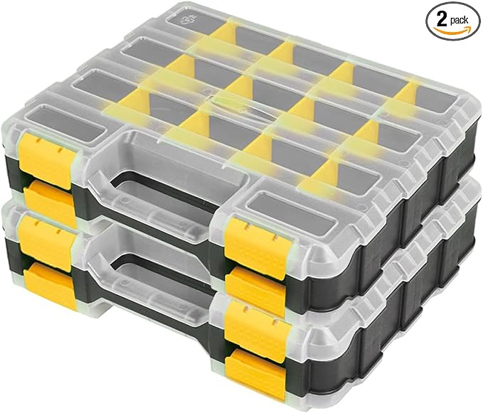 AIDY-PRO Hardware Organizer Box 34 Compartments Small Parts Organizer with Removable Dividers Durable Plastic Double Side Tools Box Screw Organizers For Nuts, Bolts, Screws, Nails 2Pack