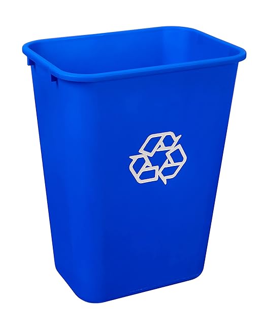 Amazon Basics Trash Can, Rectangular Commercial Office Wastebasket, Recycle Logo, 10 Gallon (Pack of 1), Blue