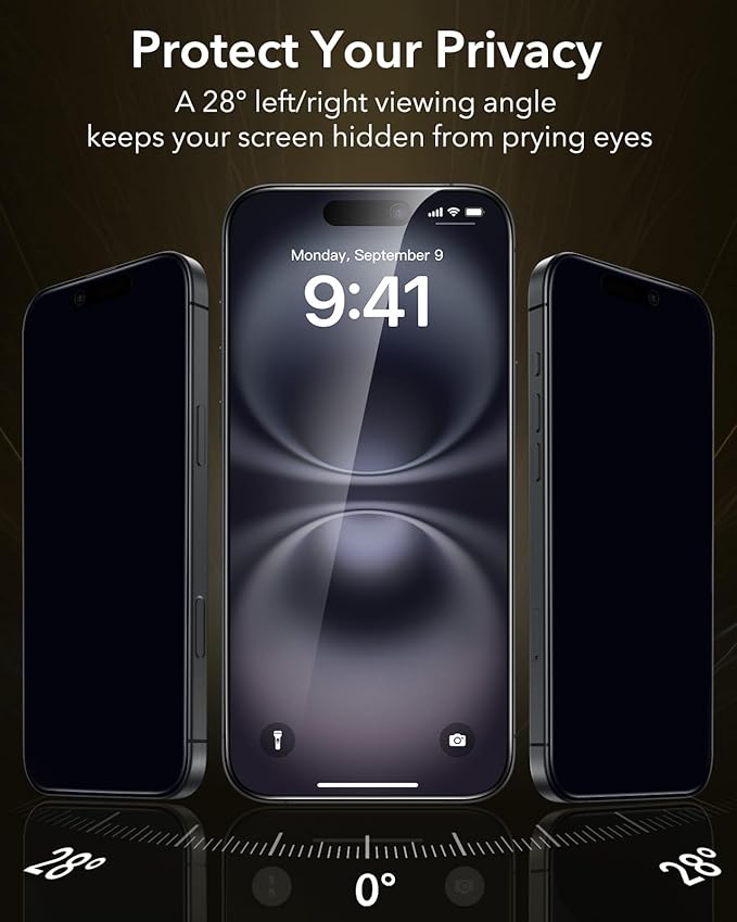 ESR Accessory Glass by Corning™ 3 Pack 9H+ Glass for iPhone 16/15 Privacy Screen Protector, Military Grade Shatterproof & Durable with UltraFit Tray