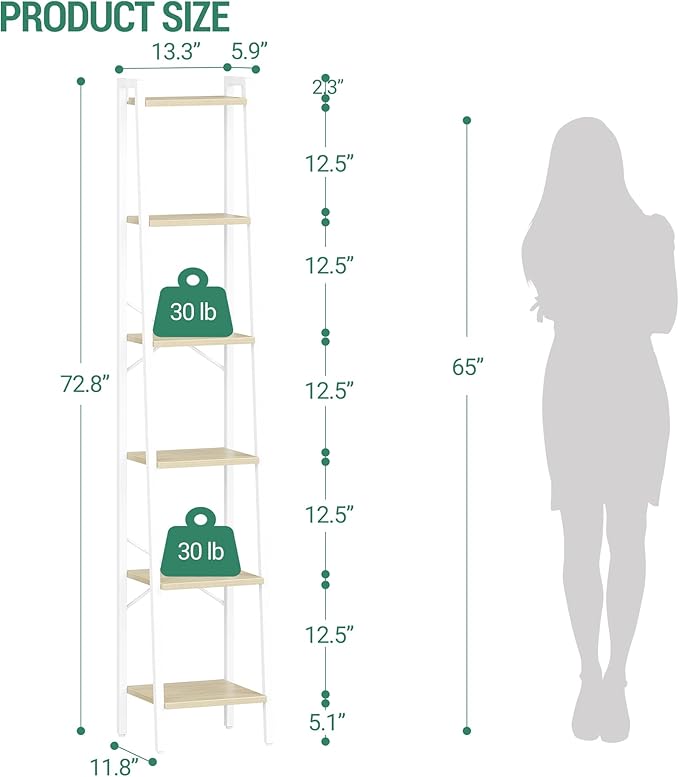 Hzuaneri Ladder Shelf, Bookshelf Bookcase, Freestanding Corner Storage Shelve with 2 Hooks for Home Office, Living Room, Kitchen, Bedroom, Industrial, 11.8" D x 13.4" W x 72.8" H, White Oak and White