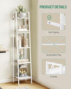 Hzuaneri Ladder Shelf, Bookshelf Bookcase, Freestanding Corner Storage Shelve with 2 Hooks for Home Office, Living Room, Kitchen, Bedroom, Industrial, 5-Tier White BC03213W