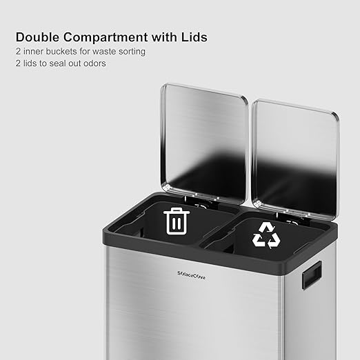 SolaceCove Kitchen Trash Can with Lid, 2 x 8 Gallon Garbage Can, with Soft-Close Foot Pedal and Removable Inner Bucket, 60 Liter Large Stainless Waste Bin for Bathroom Bedroom Home Office