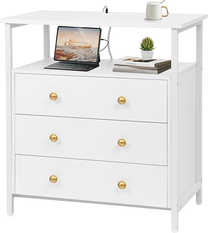 Edbuosy 3 Wooden Drawers Night Stand, 27 Inch Wide Nightstand with Charging Station and Adjustable Drawers, Small Dresser for Closet, Bedside Table for Living Room/Bedroom/Office, White.