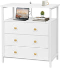 Edbuosy 3 Wooden Drawers Night Stand, 27 Inch Wide Nightstand with Charging Station and Adjustable Drawers, Small Dresser for Closet, Bedside Table for Living Room/Bedroom/Office, White.