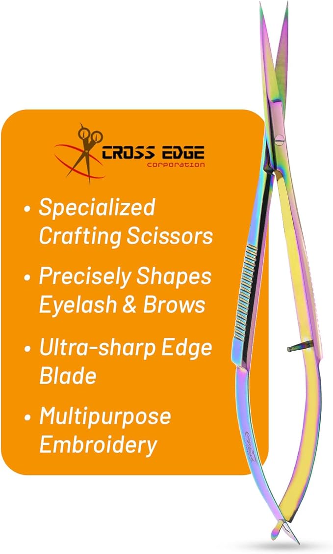 Cross Edge Spring Scissors 5 Inch straight Stainless Steel Precision Eyebrow & Eyelash Shaping & Trimming Scissor, Snips Squeeze, Embroidery, Knitting Micro Tip Craft Scissors (Rainbow)