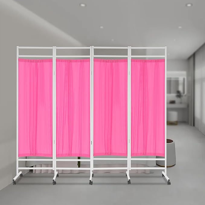 Medical Privacy Screens, Waterproof Nylon Fabric, 78.7 * 70.9 in Foldable Rolling Medical Privacy Screen with Silent Wheels, Suit for Hospitals, Clinics, and Nursing Homes (Pink, 4 Panels)