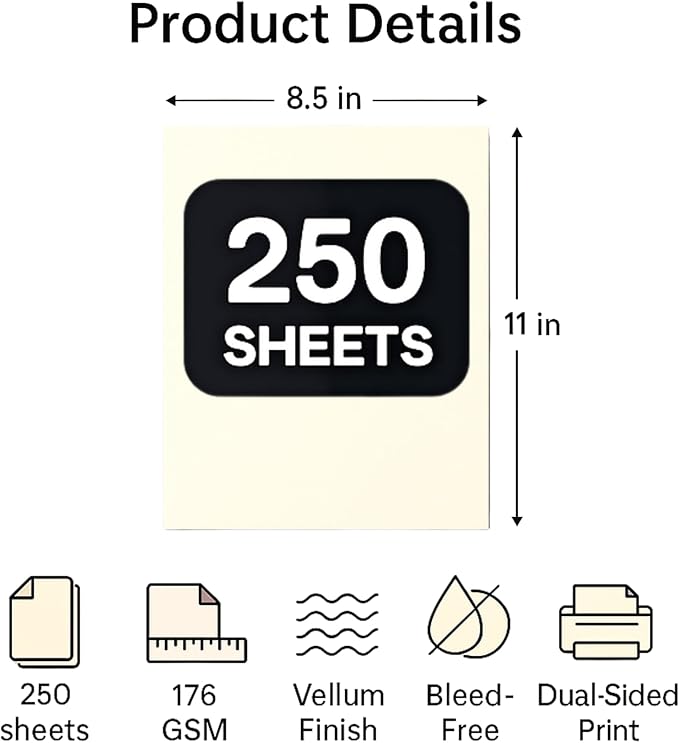 250 Sheets Cream Cardstock 8.5 x 11 Ivory Card Stock 65lb/176gsm Premium Off White Colored Sheets Thick Printer Paper for Cards Making, Office Printing, Wedding Invitations