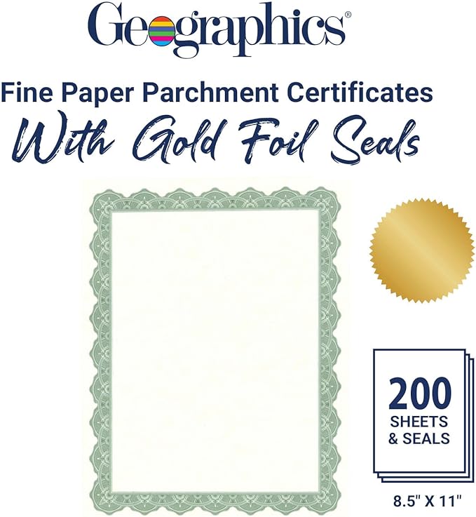 Geographics® 30% Recycled Blank Parchment Certificates, 8 1/2" x 11", Optima Green, Pack of 200