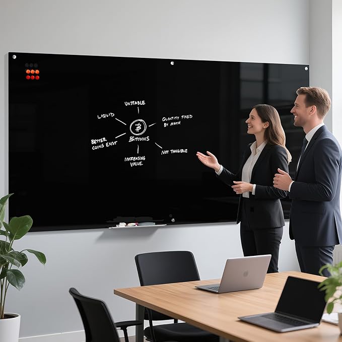 MaxGear Glass Whiteboard, Tempered Magnetic Dry Erase Board 96 x 48 Inch Black, Frameless Wall Mounted, Office Classroom Conference Room Home Use, Includes Markers, Eraser, Magnets & Mounting Kit
