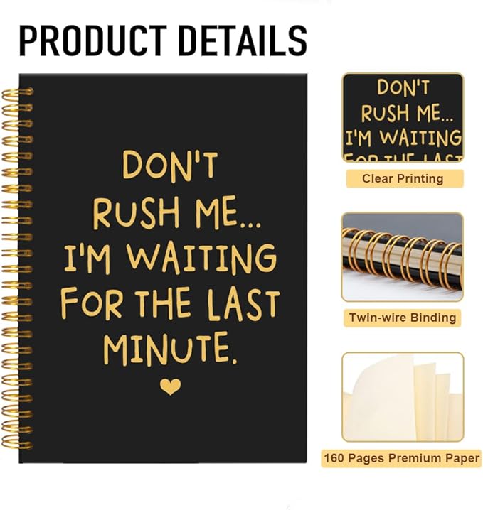 Mhfpl Don't Rush Me I'm Waiting for The Last Minute Black Golden Spiral Blank Notebook, Funny Gifts for Procrastinator Coworker College Student Employee, Office White Elephant Gifts for Colleague