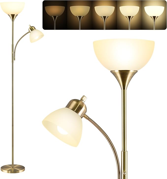 Floor Lamp, Dimmable Standing lamp, Stepless Dimming Brightness, Included 9W and 5W LED Bulbs, Industrial Floor Lamp for Living Room, Bedroom, Office, Reading