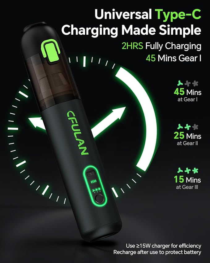 Cfulan Car Vacuum Portable Cordless, 21KPa 4-in-1 Handheld Mini Vacuum Cleaner with 8 Attachments, 3 Suction Modes, One-Touch Empty, Type-C Charge, Hand Vacuum for Car, Home, Keyboard, Small Job