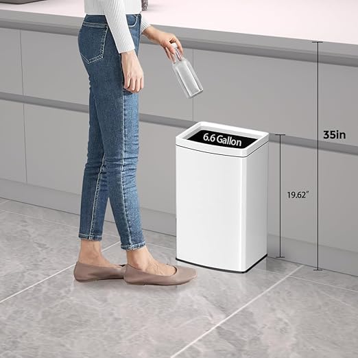 YOJIA 6.6 Gallon/25L Stainless Steel Square Trash Can, Large Capacity Kitchen Garbage Can, Business Trash Bin, Tall, Elegant, White Waste Basket, for Home, Office, Hotel (25LWhite)