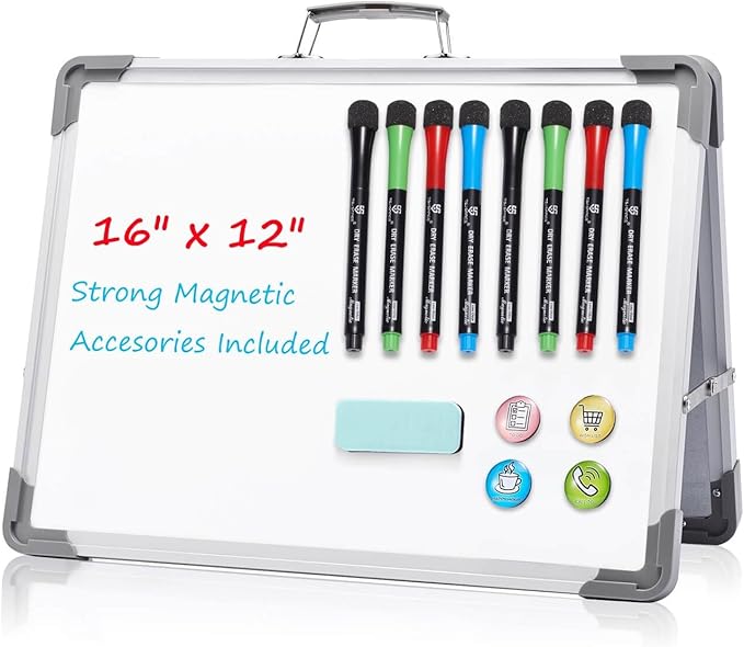 Small Dry Erase White Board - TSJ OFFICE 12" x 16" Mini Easel Desktop Double Sided Whiteboard, Portable Magnetic Board on Table Top with Holder for Drawing, Teacher Instruction, Memo Board