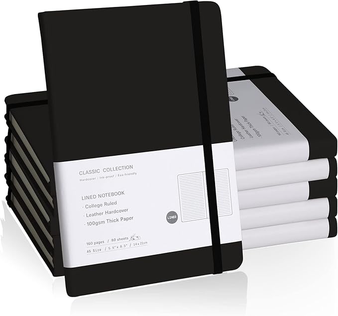 EMOMAS Lined Journal Notebook, 6Pack Hardcover Notebook for Men & Women – Journals for Writing, Work, School, Home & Daily Notes, 160 Pages – Medium A5, 5.7"x8", 100 gsm Thick Paper (Black)
