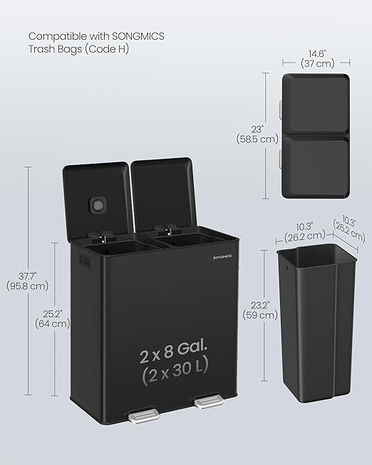 SONGMICS Trash Can, 2 x 8 Gallon (2 x 30 L) Double Garbage Can with Soft-Close Lids, Removable Inner Buckets, Pedals, Stainless Steel, for Waste and Recycling, Ink Black ULTB743B01