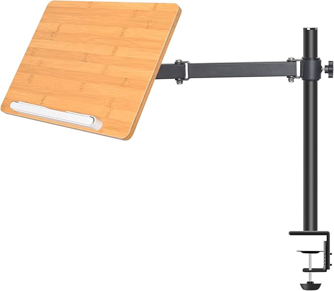 wishacc Premium Height Adjustable Book Stand - Clamp-On Tabletop Holder with Sturdy Page Clips | Aluminum Alloy & Wood Construction for Reading