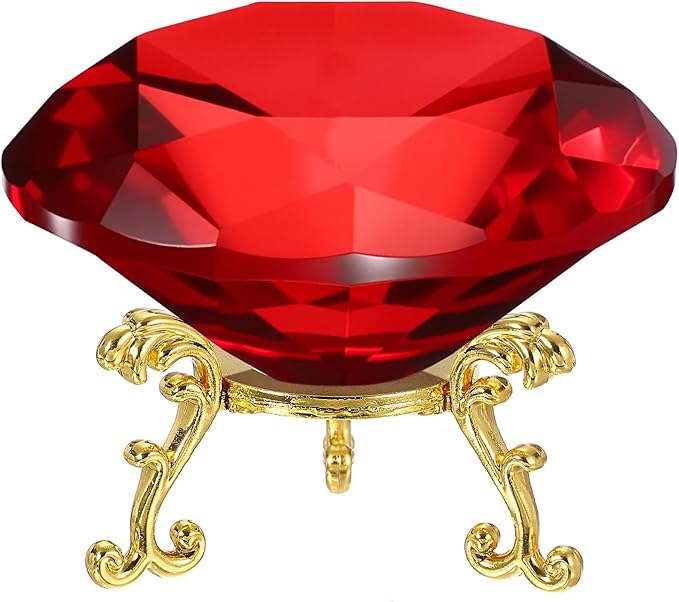 PATIKIL Diamond Crystal Paperweight, 100mm / 3.94" Crystal Paperweight Paper Weight with Gold 25 Metal Base for Home Office Desktop Table Decor Wedding Party Ornaments, Red
