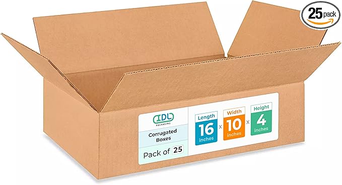 Medium Moving & Shipping Boxes 16"L x 10"W x 4"H (25-Pack) - Extra Strength 200 lb vs Regular - Corrugated Heavy Duty Shipping Boxes - Easy-to-Recycle Packaging Box by IDL Packaging