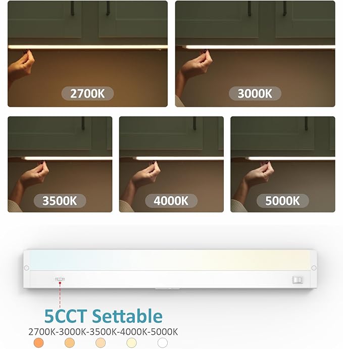 Leetdud LED Under Cabinet Lighting Hardwired or Plug in, 12 Inch 6W, Dimmable 5 Color 2700K/3000K/3500K/4000K/5000K, Linkable Eyes Care Design Counter Lights for Kitchen, Sink, ETL Listed, White