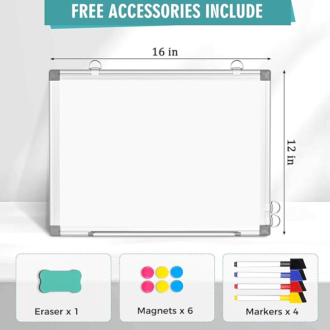 AMUSIGHT Dry Erase Board White Board, 16'' x 12'' Double-Sided Magnetic Whiteboard for Wall, Hanging Mounted Whiteboard Silver Aluminium Frame for Home, School, Office, Kitchen