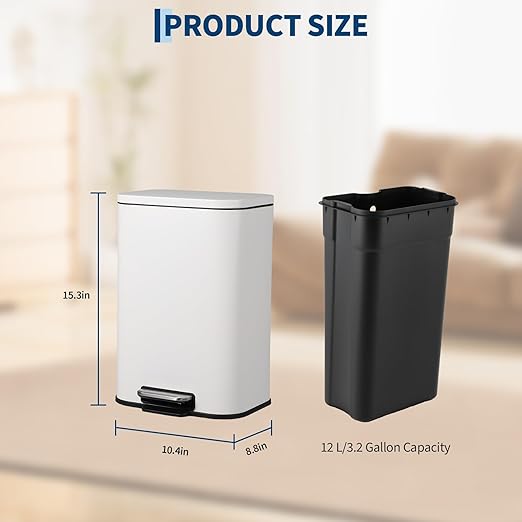 Takywep 3.2 Gallon Brushed Stainless Steel Trash Can with Soft-Close Lid, 3.2/5.3/8/13.2 Gallon Smudge-Resistant Compact Garbage Bin for Kitchen, Bathroom, Office - Black & White