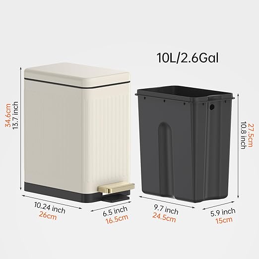 Mbillion Bathroom Trash Can with Lid-Stainless Steel Step Slim Garbage Can-Metal Wastebasket-10L/2.6 Gallon Rectangle Pedal Trash Bin for Narrow Office, Kitchen, Bedroom, Toilet-Soft Close, White