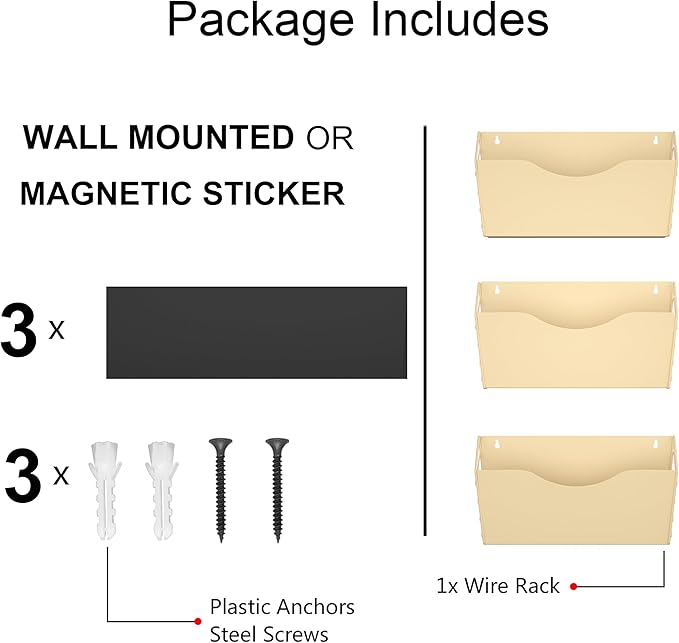 3 Pockets Magnetic File Holder for File Cabinets, Refrigerator, Whiteboard, Magnetic Paper Organizer, Magnetic Mail or Folder Holder,Magnetic Magazine Rack,Wall Mount Hanging Mail Organizer (gold)