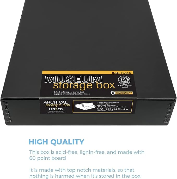 Lineco, 11x14 Black Museum Archival Storage Box, Drop Front Design, 11.75x15.25x3 in, Acid-Free with Metal Edge, Preserves Picture Longevity, Organize Photos Documents, Crafts, DIY, 2 Pack