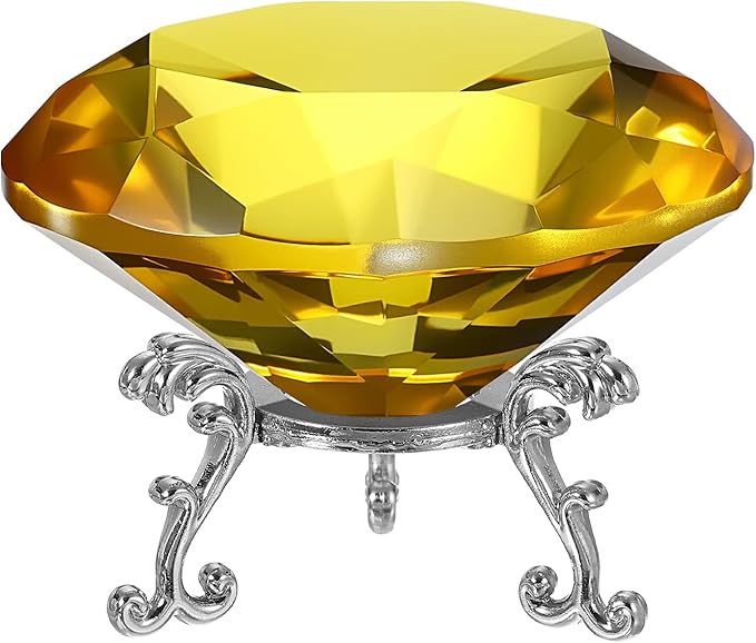 PATIKIL Diamond Crystal Paperweight, 100mm / 3.94" Crystal Paperweight Paper Weight with Silver 25 Metal Base for Home Office Desktop Table Decor Wedding Party Ornaments, Yellow