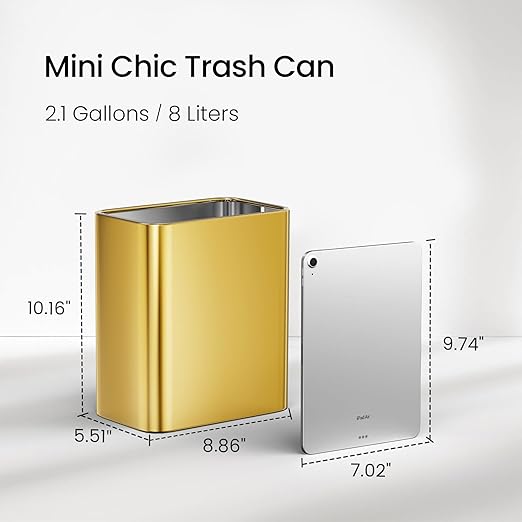 Cesun Small Bathroom Trash Can 2.1 Gallon Wastebasket, Modern Metal Garbage Can Office Waste Basket, Gold Stainless Steel Trash Bin for Bedroom, Home Office, Toilet, rv, Near Desk, Under Sink
