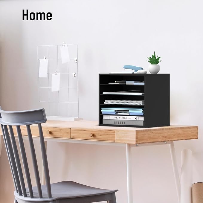 SHARKWOODS 5-Tier Wood Desk Organizer, Paper Tray Organizer for Desk with Adjustable Storage Shelves, Desktop File Organization Paper Sorter Mail Holder for Office Home Classroom, Black