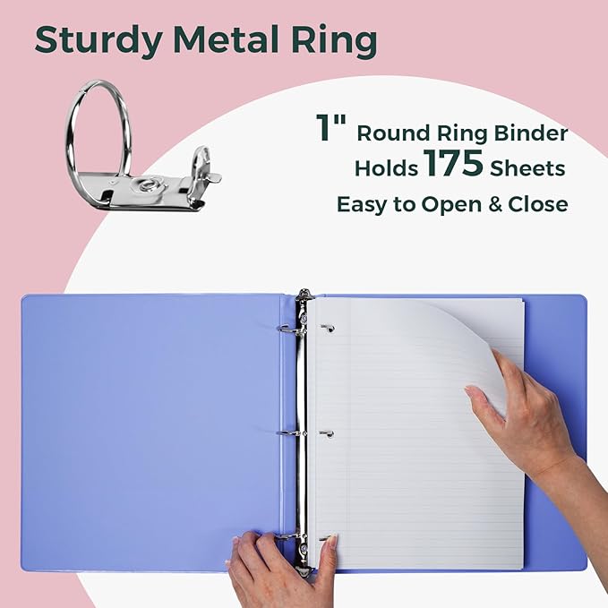 POPRUN 3 Ring Binder 1 Inch, PVC-Free, Holds 175 Sheets of 8.5 x 11 Paper, Extra Durable Organizer with 2 Pockets for School & Office, Heavy-Duty, 2 Pack, Prussian Blue
