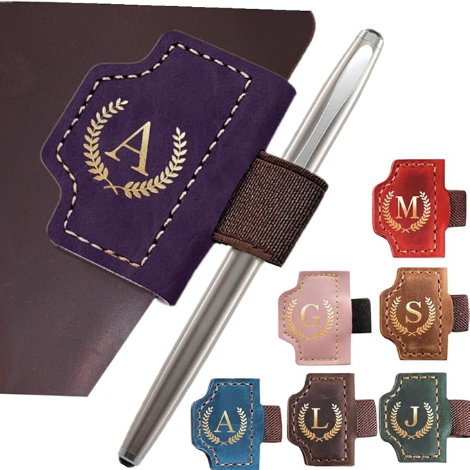 Personalized Mark Bookmark with Pen Holder, Leather Magnetic Book Marker 26 Letters,Custom Initials Page Marks, Gifts for Book Lovers Readers Men Women (Purple, A)