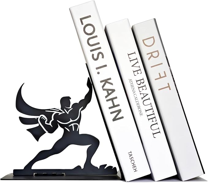 Superhero Metal Bookend – 6.5 Inch Heavy-Duty Book Holder with Anti-Slip Base, Unique Decorative Book Stand for Home or Office Shelf, Holds Large Books – Black