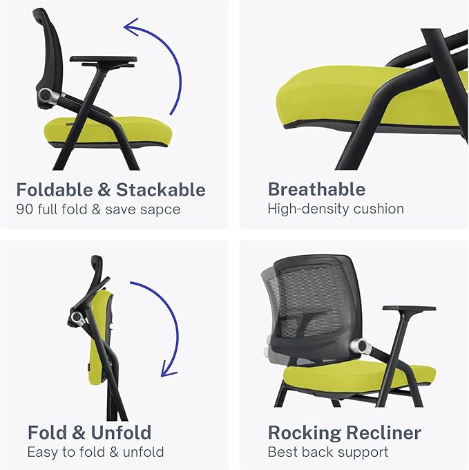 SLKJChr 2 Pack Foldable Office Chairs with Wheels, Mesh Back, Arms and Portable - Folding Office Chairs for Conference Room Chair, Office Guest & Reception & Meeting Chair - (Green) 300 lbs.