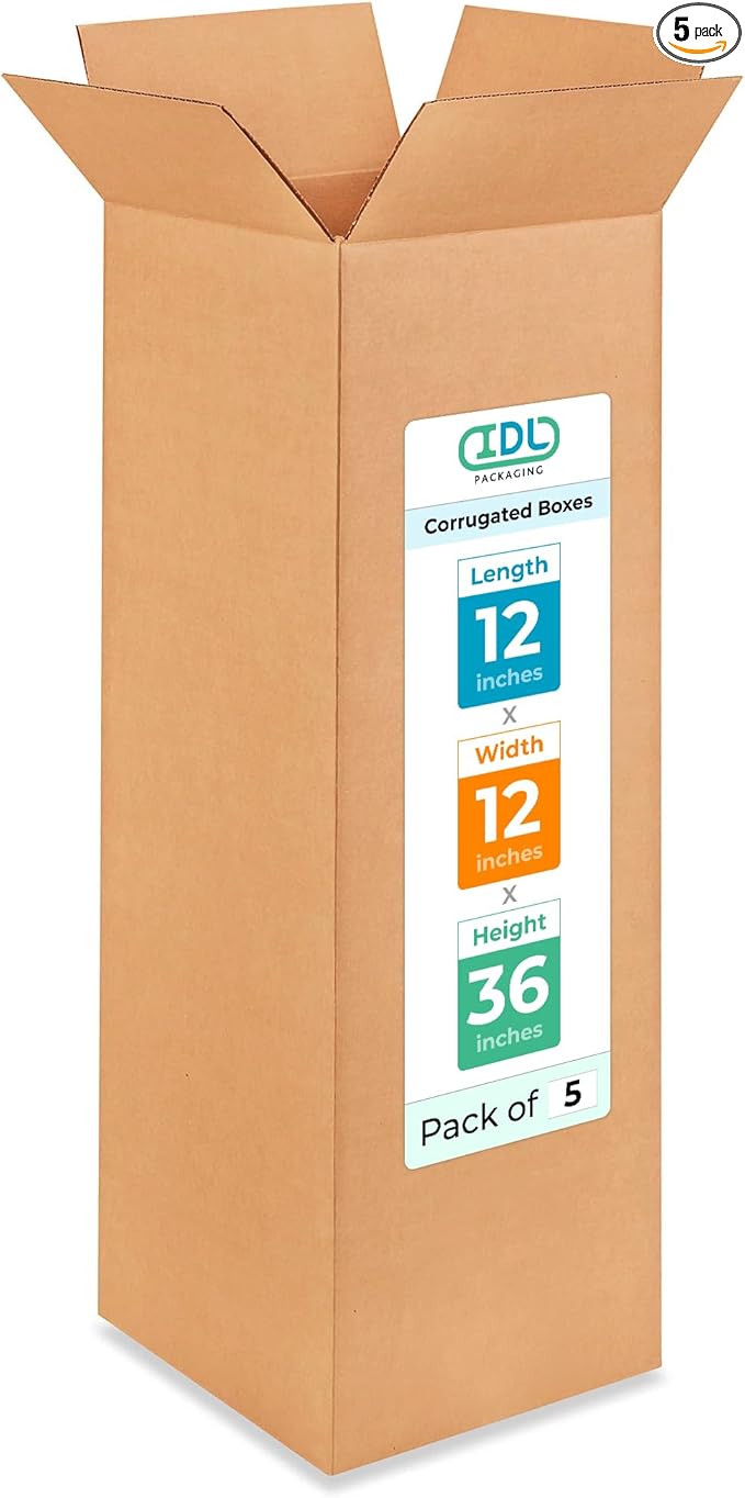 Tall Moving & Shipping Boxes 12 x 12 x 36 inches (5-Pack) - Extra Strength 200 lb vs Regular - Corrugated Boxes for Packaging Moving - Cardboard Shipping Box - Box Pack by IDL Packaging